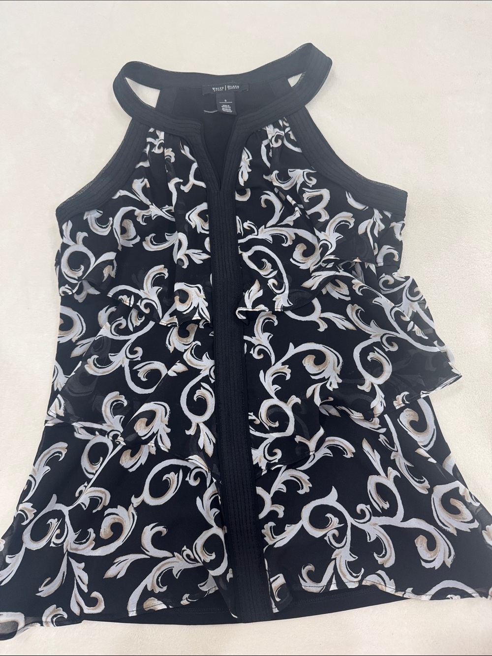 White House Black Market Black, White & Gold Ruffle Halter Blouse